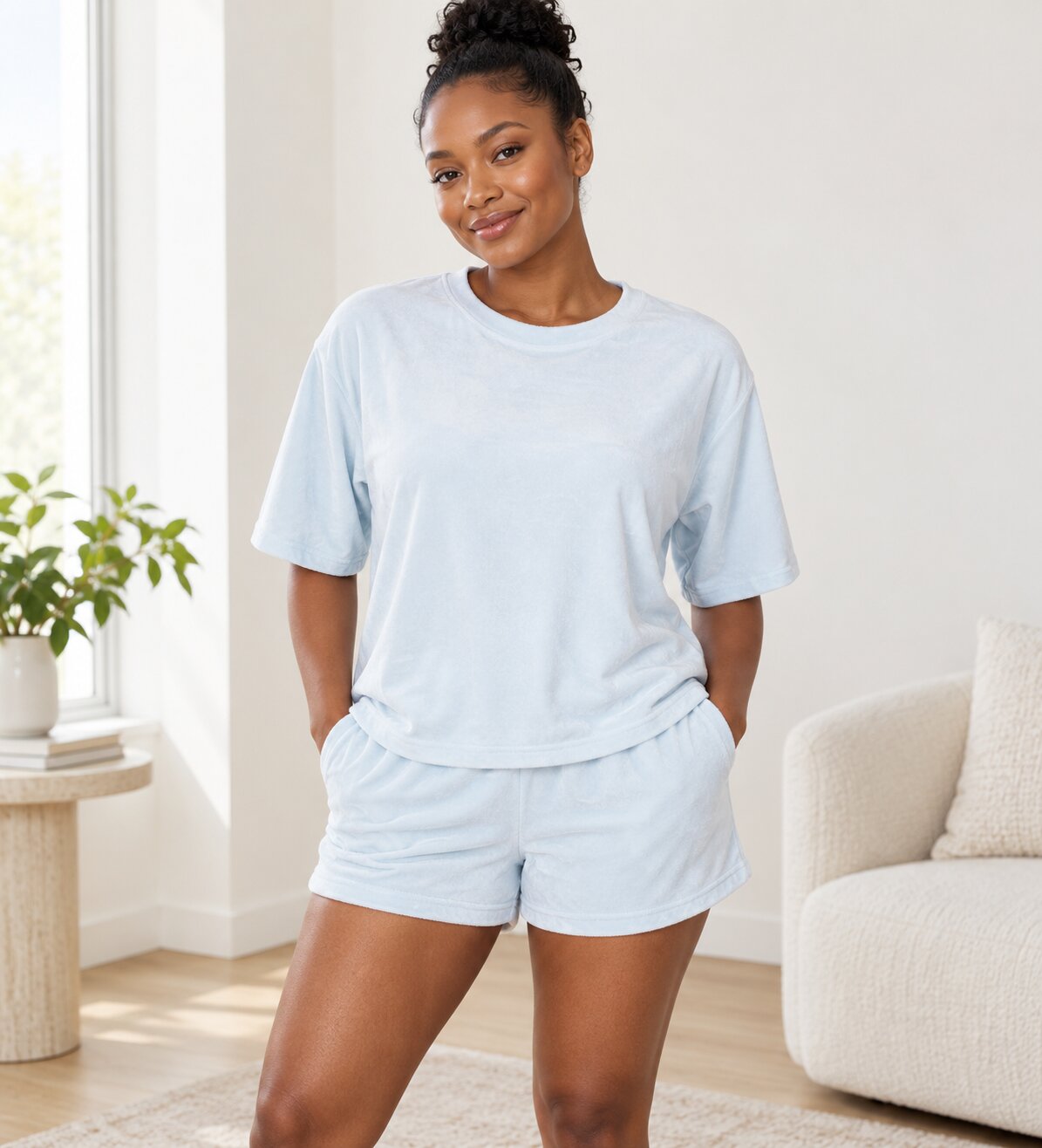 Dreamy Velour Powder Blue T-Shirt & Shorts Set