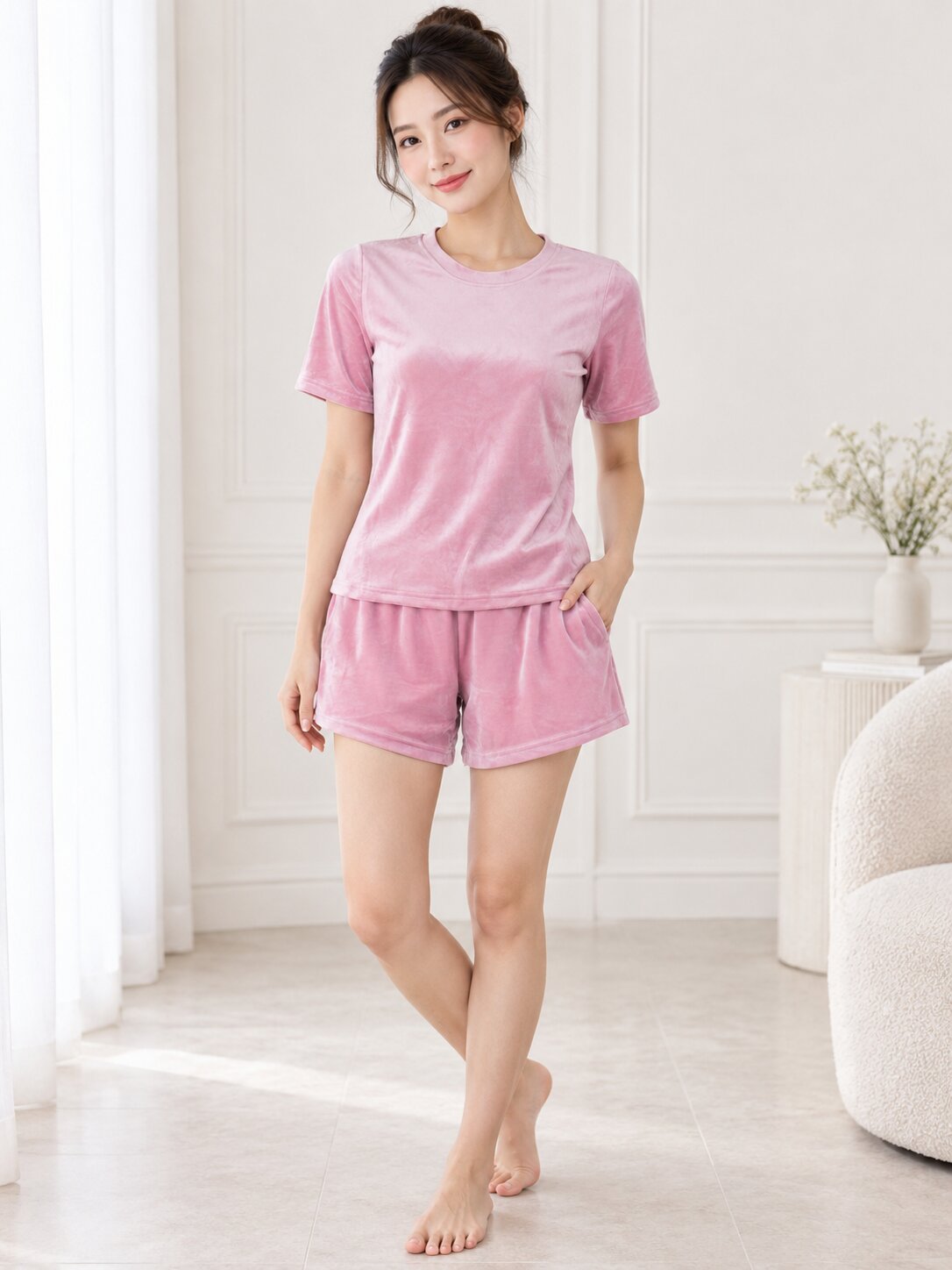 Fitted Velour Pantone Pink T-Shirt & Shorts Set