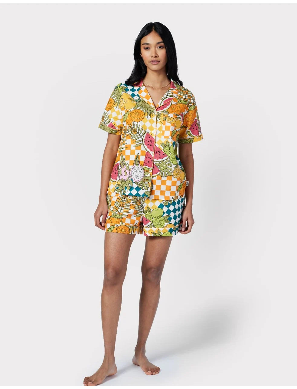 Linen-Blend Fruit Checkerboard Print Short Pyjama Set