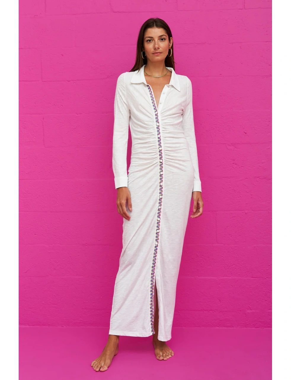 PIMA BUTTON DOWN RUCHED DRESS