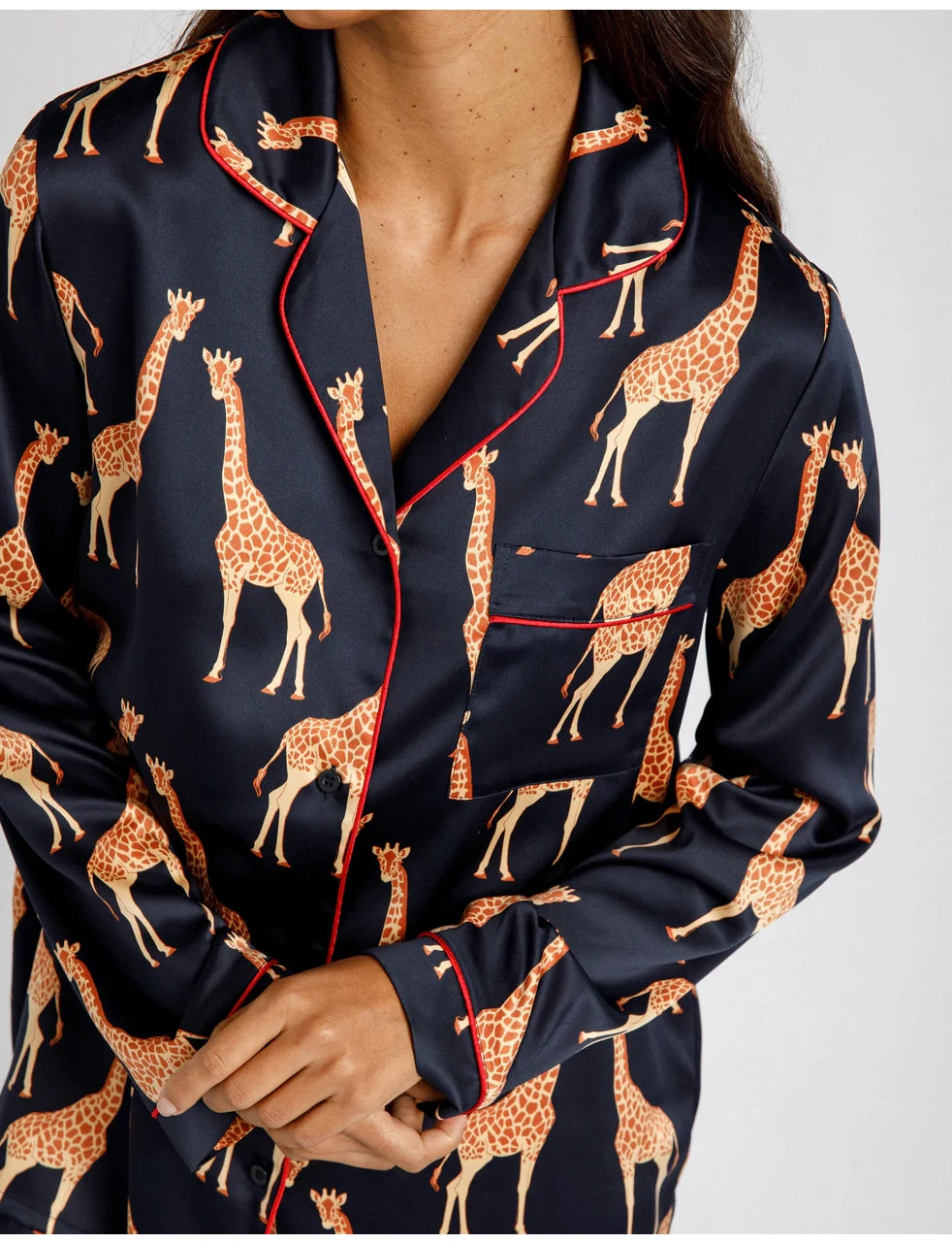 Satin Giraffe Print Long Pyjama Set - Navy
