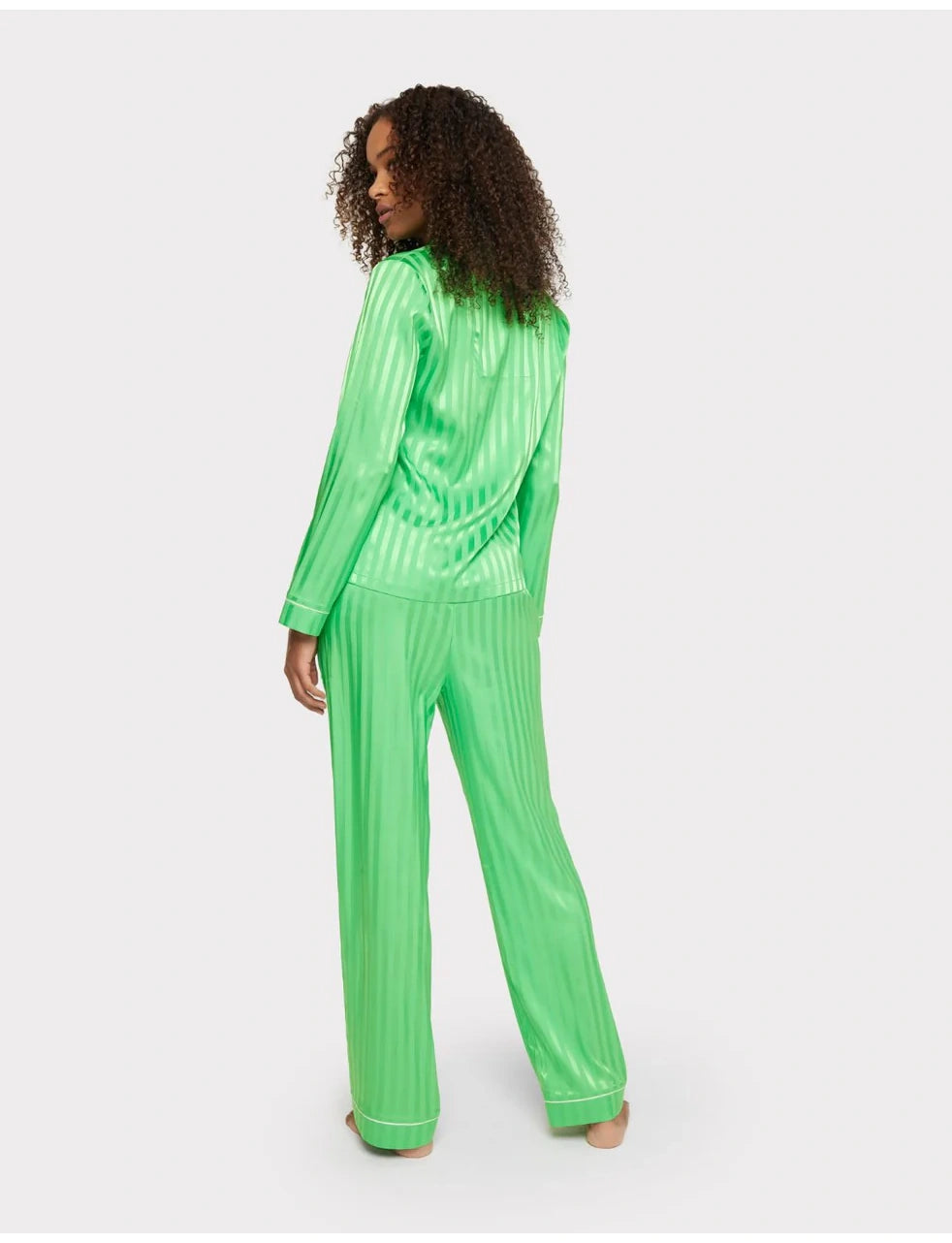 Satin Jacquard Stripe Long Pyjama Set - Green
