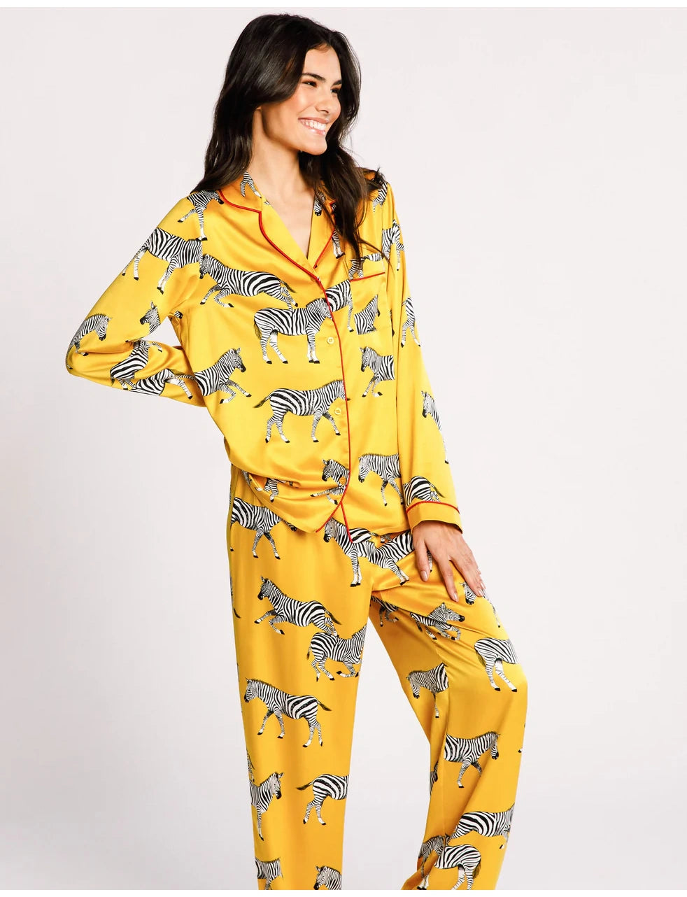 Satin Zebra Print Long Pyjama Set - Mustard